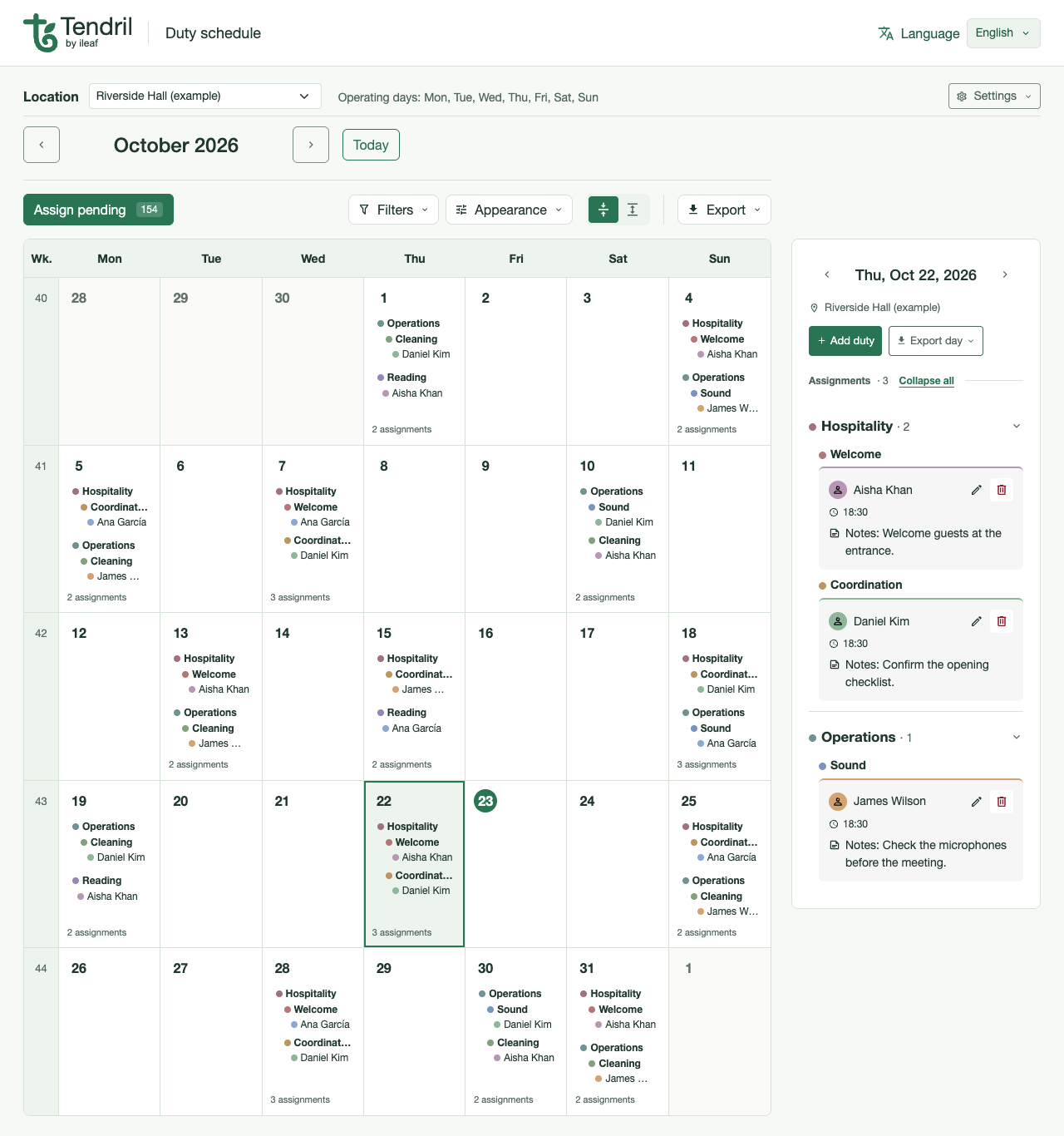 The Tendril calendar with October 22 selected and its three sample assignments visible.